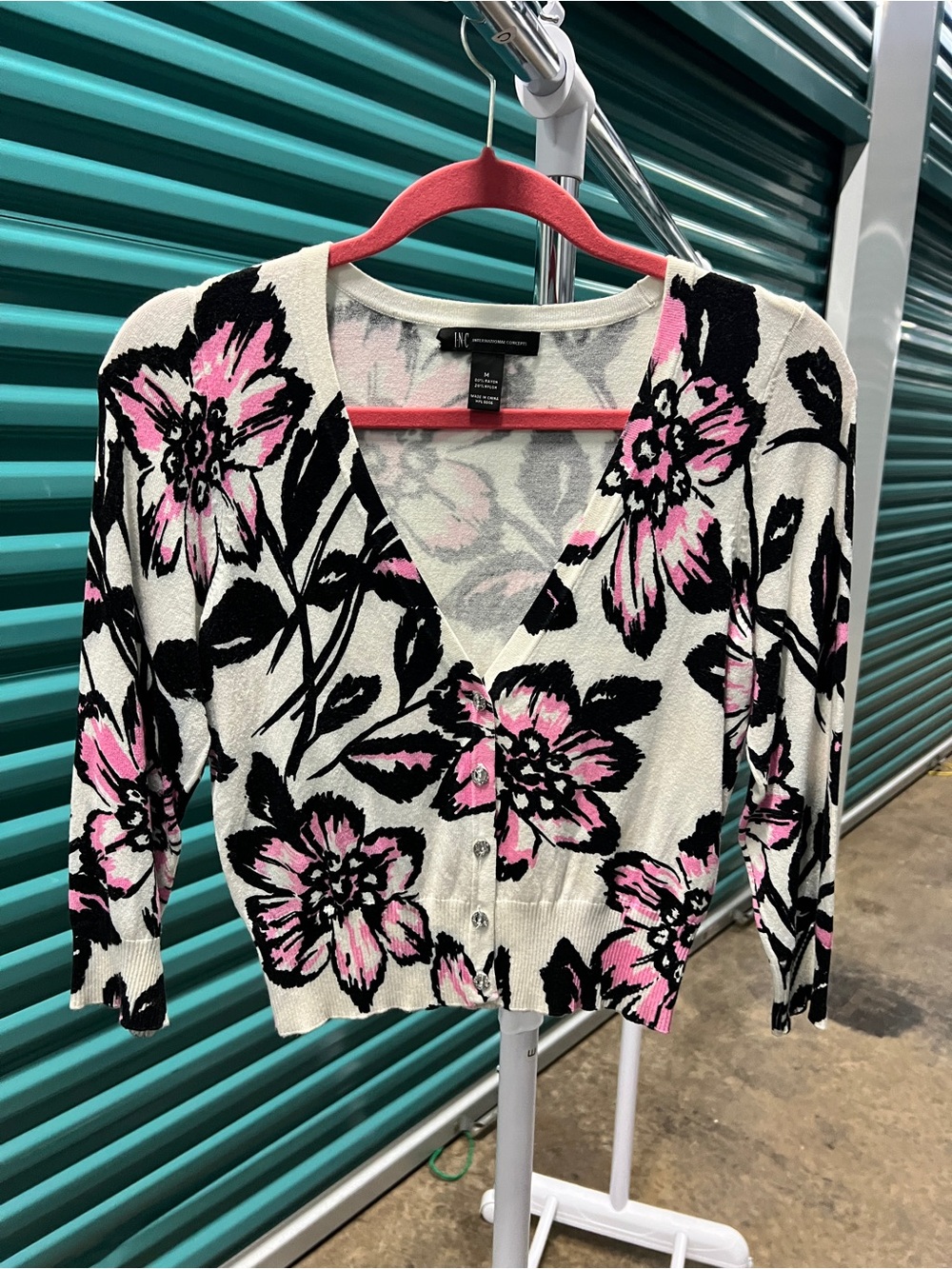 INC International Concepts Cream Cardigan with Pink & Black Floral Print